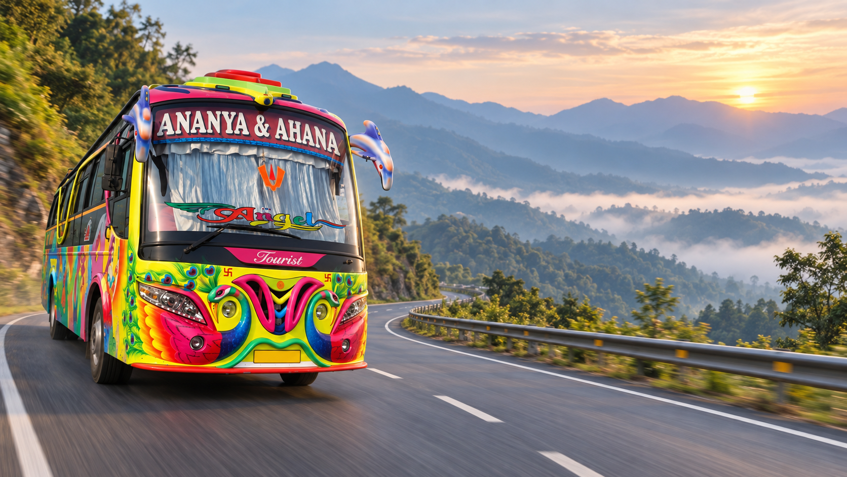Artistic view of the company bus travelling through the hills