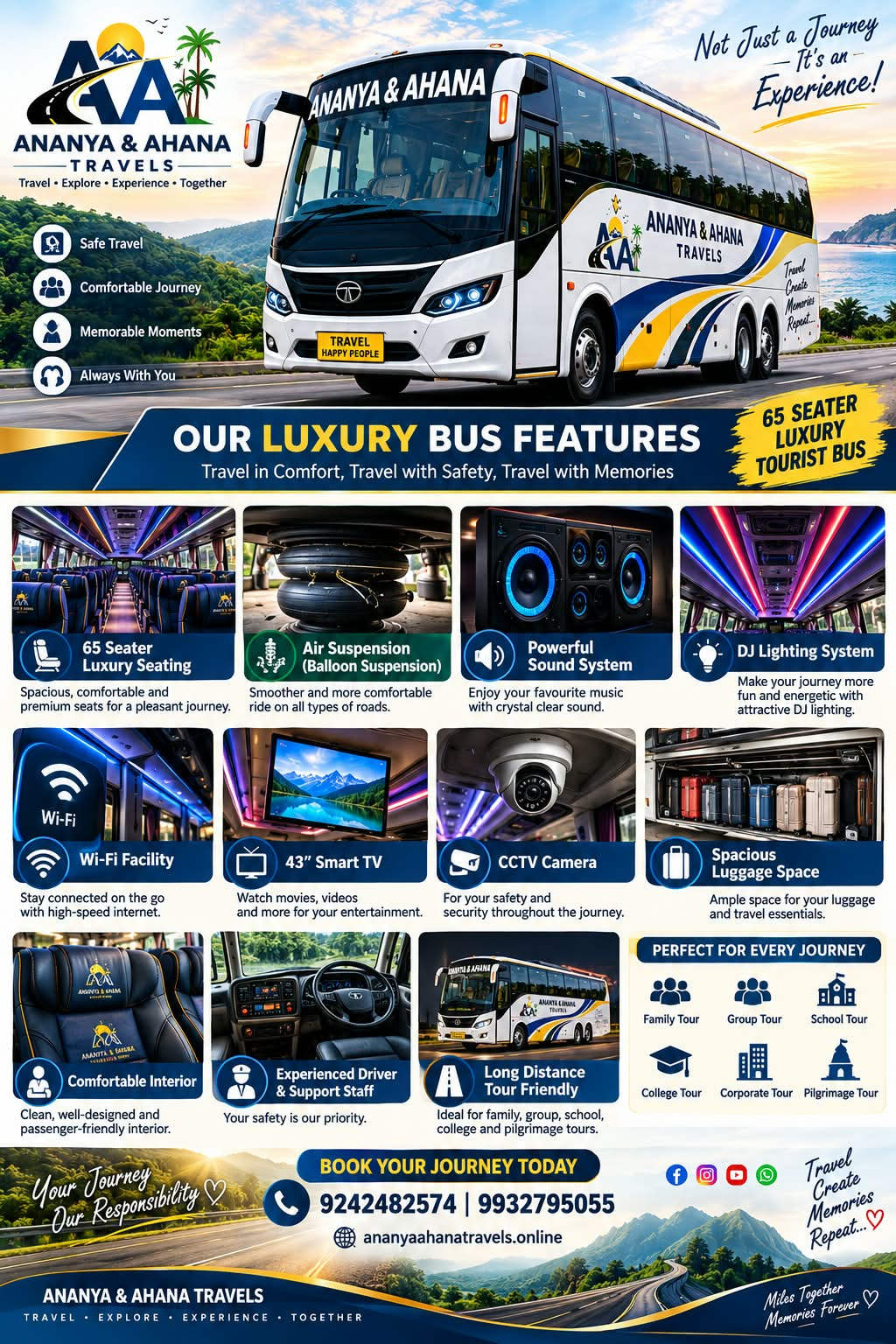 ANANYA & AHANA Travels bus feature guide with luxury seating, air suspension, sound, DJ lighting, Wi-Fi, smart TV, CCTV, luggage space, comfortable interiors and support staff.